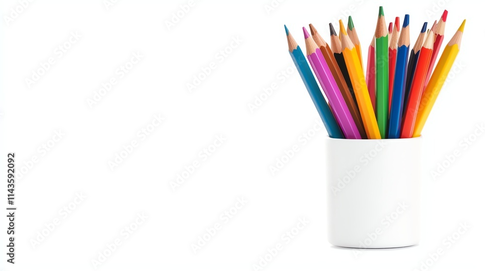 A vibrant collection of colored pencils arranged in a white container, perfect for art and creative projects. A vibrant collection of colored pencils arranged in a white container, perfect for art and creative projects.