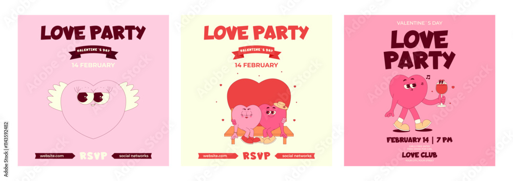 Love Party Invitation set. Lovely and cute couple heart characters in retro groovy style. Valentines day, February 14. Vector illustration with text Love Party Invitation set. Lovely and cute couple heart characters in retro groovy style. Valentines day, February 14. Vector illustration with text