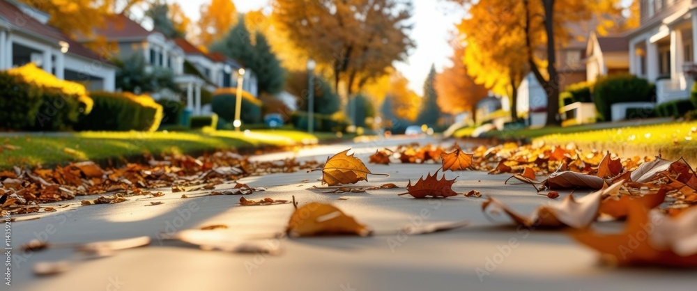 autumn street scene, fallen leaves on sidewalk, golden foliage, suburban neighborhood, low angle view, warm sunlight, crisp autumn day, tree-lined street, cozy atmosphere, nostalgic mood, shallow dept autumn street scene, fallen leaves on sidewalk, golden foliage, suburban neighborhood, low angle view, warm sunlight, crisp autumn day, tree-lined street, cozy atmosphere, nostalgic mood, shallow dept