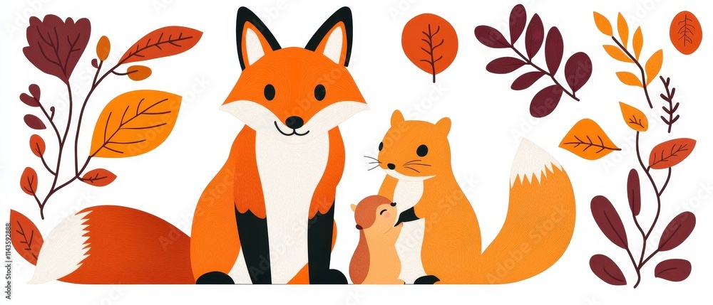 A whimsical illustration featuring a fox and a squirrel surrounded by autumn leaves, evoking a cozy, seasonal atmosphere. A whimsical illustration featuring a fox and a squirrel surrounded by autumn leaves, evoking a cozy, seasonal atmosphere.
