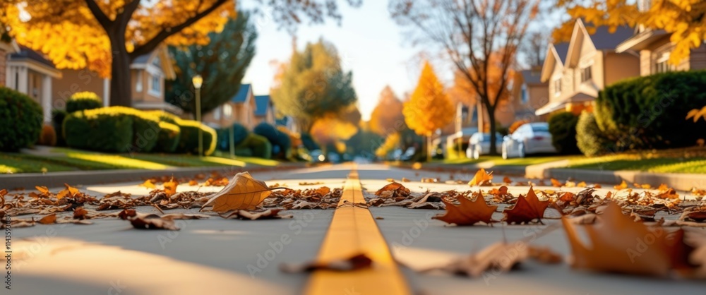 autumn street scene, fallen leaves on sidewalk, golden foliage, suburban neighborhood, low angle view, warm sunlight, crisp autumn day, tree-lined street, cozy atmosphere, nostalgic mood, shallow dept autumn street scene, fallen leaves on sidewalk, golden foliage, suburban neighborhood, low angle view, warm sunlight, crisp autumn day, tree-lined street, cozy atmosphere, nostalgic mood, shallow dept