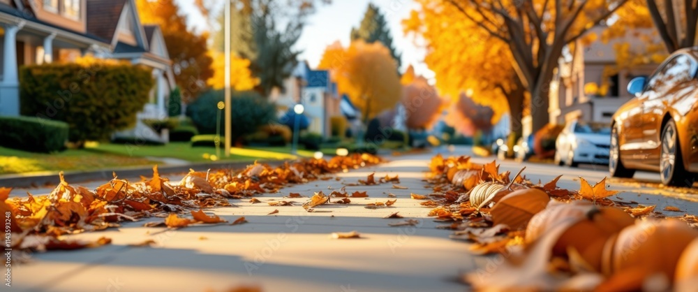 autumn street scene, fallen leaves on sidewalk, golden foliage, suburban neighborhood, low angle view, warm sunlight, crisp autumn day, tree-lined street, cozy atmosphere, nostalgic mood, shallow dept autumn street scene, fallen leaves on sidewalk, golden foliage, suburban neighborhood, low angle view, warm sunlight, crisp autumn day, tree-lined street, cozy atmosphere, nostalgic mood, shallow dept