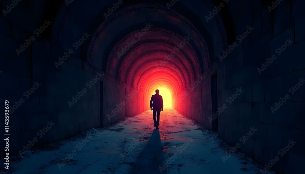 A man walking in a long and dark tunnel A man walking in a long and dark tunnel