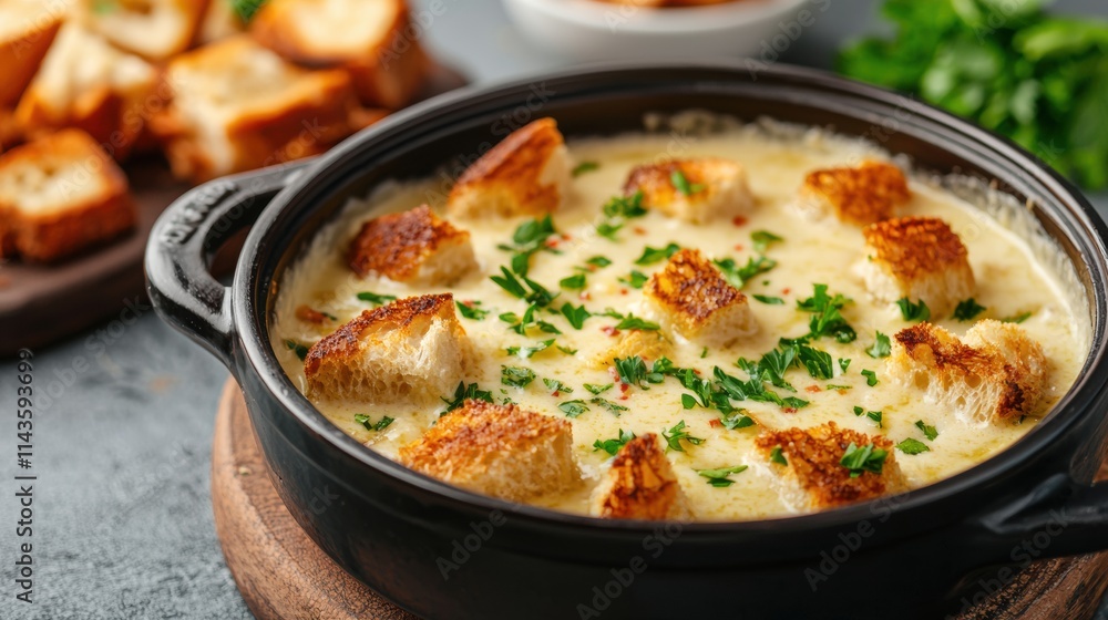 Steaming Pot of Fondue with Bread and Herbs Steaming Pot of Fondue with Bread and Herbs