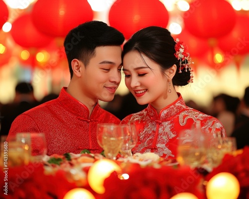 A couple dressed in traditional red attire smiles at each other during a festive celebration, surrounded by red lanterns and a beautifully arranged table filled with food and drinks.