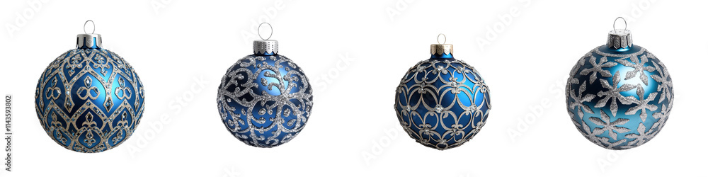Exquisite blue and silver Christmas ornament balls with intricate patterns and textures hanging together in a festive holiday display These elegant shiny decorative baubles create a luxurious Exquisite blue and silver Christmas ornament balls with intricate patterns and textures hanging together in a festive holiday display These elegant shiny decorative baubles create a luxurious