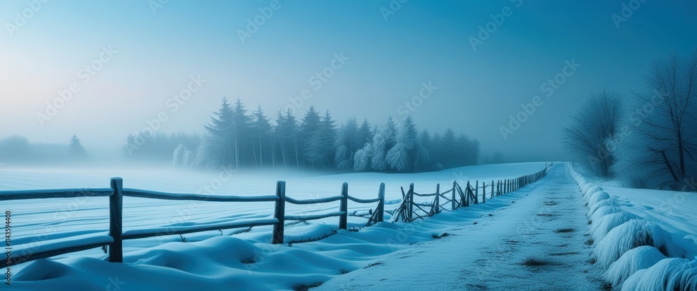 Fototapeta premium Winter landscape, misty forest, snowy field, wooden fence, blue tones, atmospheric fog, ethereal light, panoramic view, serene nature scene, frosty morning, peaceful countryside, minimalist compositio