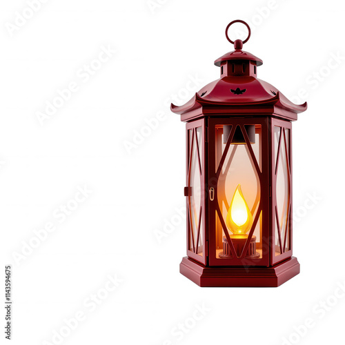 A vibrant, red Chinese lantern on transparent background, crafted from rich wood tones, featuring a delicate circular ring at its crown photo