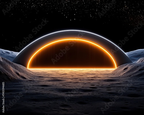 A futuristic landscape featuring a glowing horizon on a lunar surface. photo