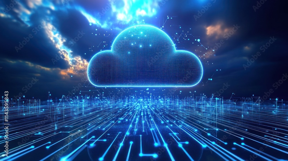 Digital Cloud Technology Concept with Abstract Lines and Glowing Light Digital Cloud Technology Concept with Abstract Lines and Glowing Light