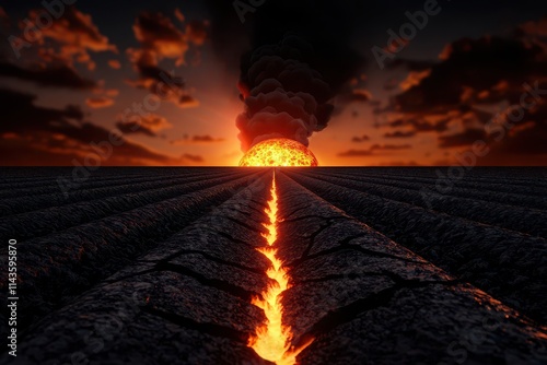 Dramatic volcanic eruption at sunset with fiery lava cracking the earth's surface.