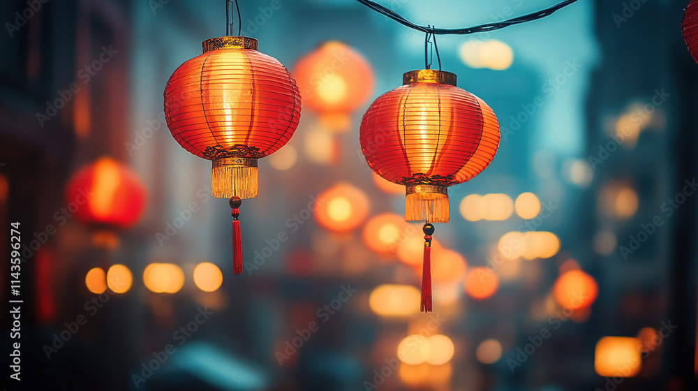 A Chinese New Year scene with red lanterns and street lights hanging A Chinese New Year scene with red lanterns and street lights hanging