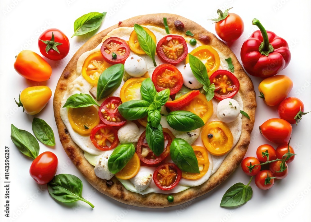 Overhead view: A perfect Margherita pizza, mozzarella, tomatoes, peppers, basil, and spices, isolated on white. Overhead view: A perfect Margherita pizza, mozzarella, tomatoes, peppers, basil, and spices, isolated on white.