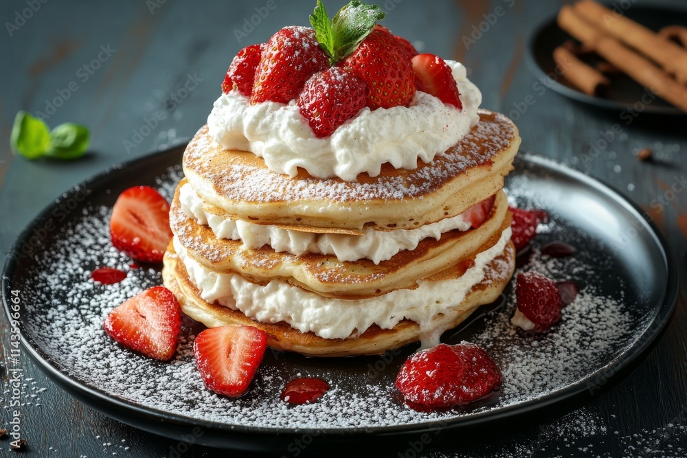 Stacked Pancakes with Fresh Strawberries and Whipped Cream Stacked Pancakes with Fresh Strawberries and Whipped Cream