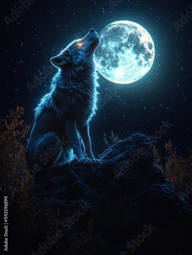 Wallpaper Mural A majestic wolf howls at a vibrant blue moon under a starry night sky, perched atop a dark rock formation. Torontodigital.ca