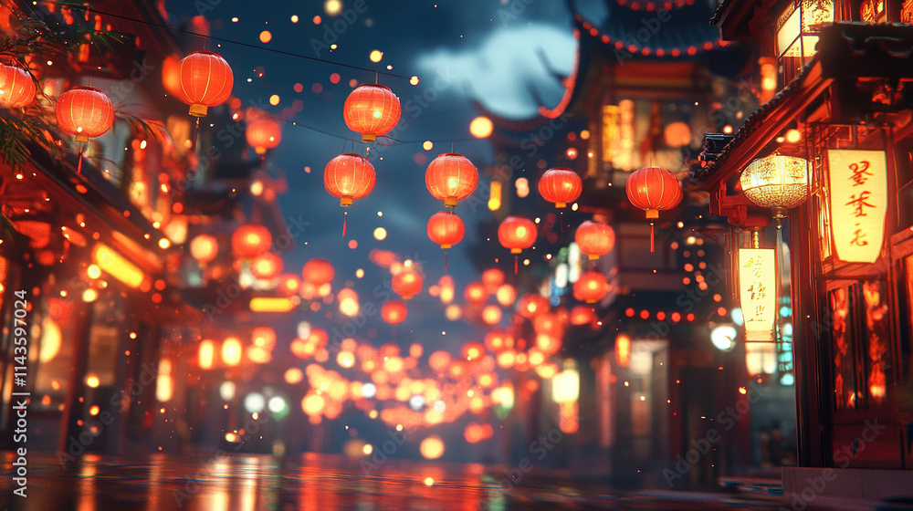 A Chinese New Year scene with red lanterns and street lights hanging A Chinese New Year scene with red lanterns and street lights hanging