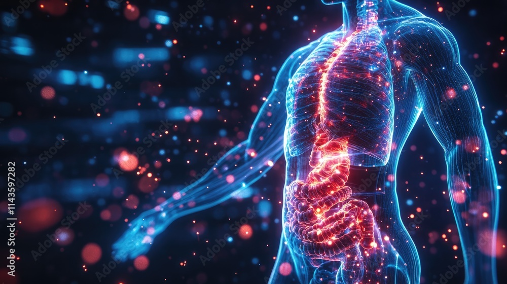Human Digestive System, glowing anatomy. Intricate network of the human digestive system, highlighted in vibrant colors against a dark background. Human Digestive System, glowing anatomy. Intricate network of the human digestive system, highlighted in vibrant colors against a dark background.