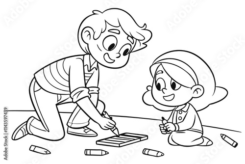 A child helping a classmate pick up crayons from the floor coloring book page B