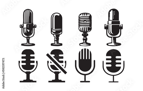  mic vector icon set. mike button. speaker speech vintage mic sign. singer music podcast interview voice record microphone vector symbol.