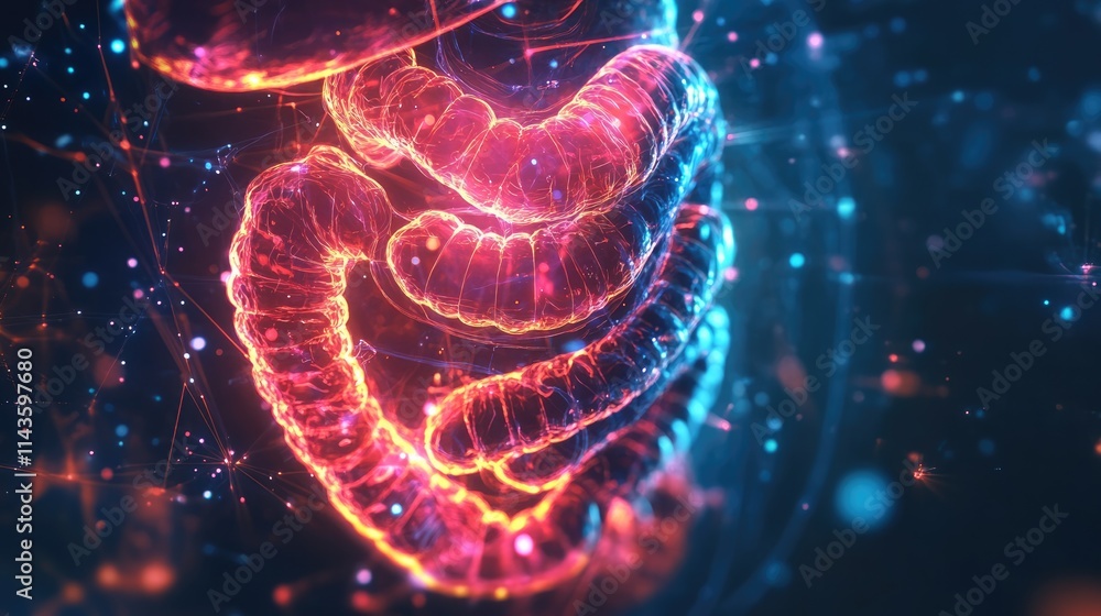 Fototapeta premium Intricate Intestine: A mesmerizing digital art rendering of the human digestive system, glowing with vibrant red and blue hues, evokes a sense of wonder and complexity.