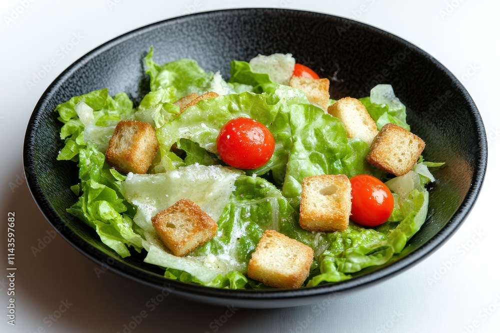 A fresh Caesar salad in a black bowl featuring crisp lettuce A fresh Caesar salad in a black bowl featuring crisp lettuce