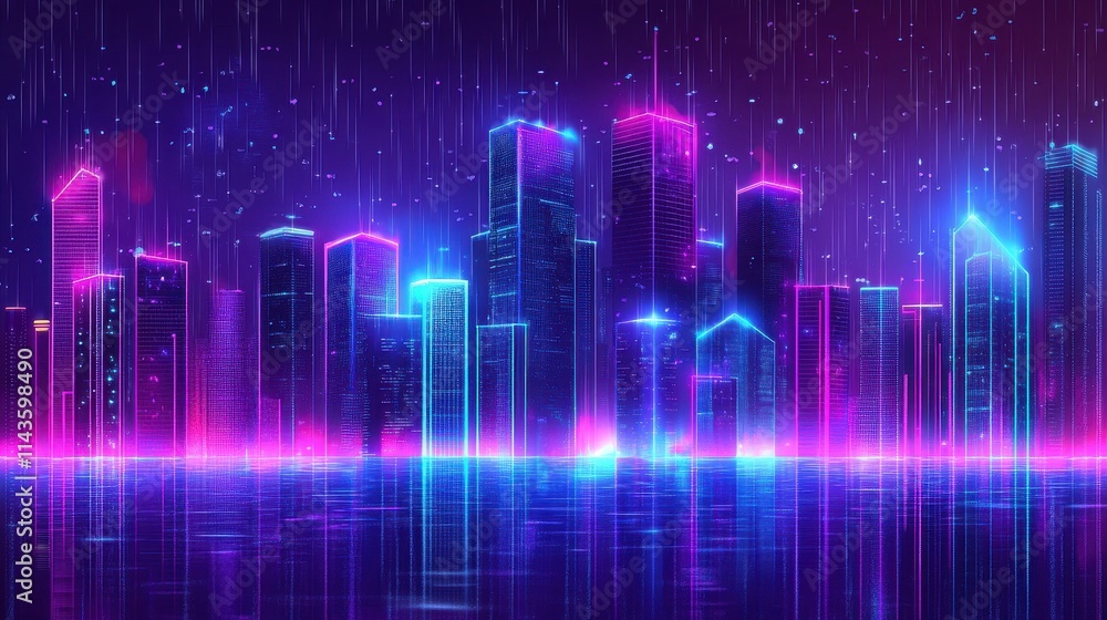 Neon Cityscape Reflecting in Water Under a Digital Rain Neon Cityscape Reflecting in Water Under a Digital Rain