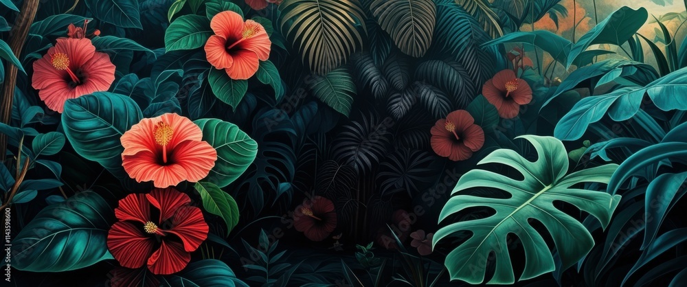 Tropical flowers, vibrant orange and red hibiscus, lush green foliage, dark background, jungle atmosphere, exotic plants, deep shadows, rich colors, botanical illustration style, dramatic lighting, pa Tropical flowers, vibrant orange and red hibiscus, lush green foliage, dark background, jungle atmosphere, exotic plants, deep shadows, rich colors, botanical illustration style, dramatic lighting, pa