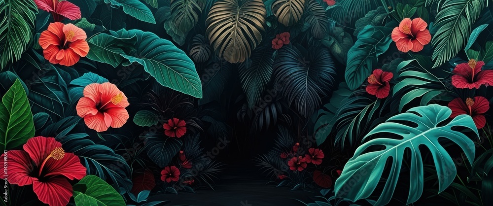 Tropical flowers, vibrant orange and red hibiscus, lush green foliage, dark background, jungle atmosphere, exotic plants, deep shadows, rich colors, botanical illustration style, dramatic lighting, pa Tropical flowers, vibrant orange and red hibiscus, lush green foliage, dark background, jungle atmosphere, exotic plants, deep shadows, rich colors, botanical illustration style, dramatic lighting, pa