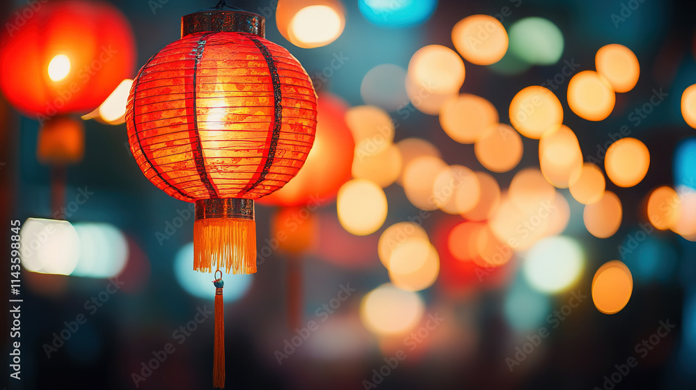 A Chinese New Year scene with red lanterns and street lights hanging A Chinese New Year scene with red lanterns and street lights hanging