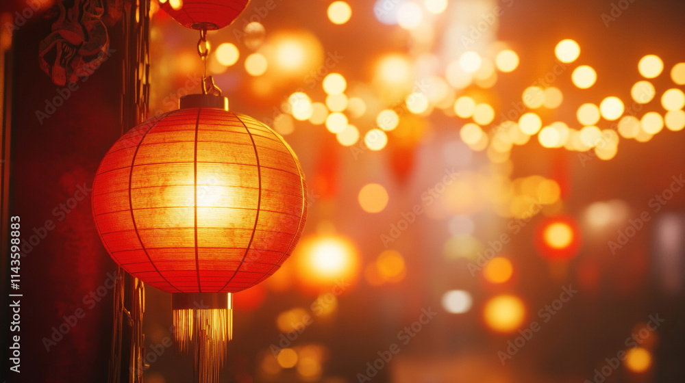 A Chinese New Year scene with red lanterns and street lights hanging A Chinese New Year scene with red lanterns and street lights hanging