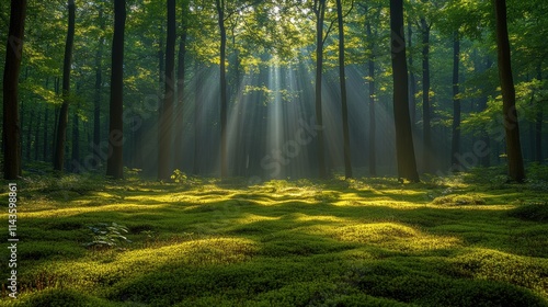 Zoom Virtual Background: Sunlight filtering through trees in a serene forest. Concept of nature and tranquility. Sunshine Wallpaper