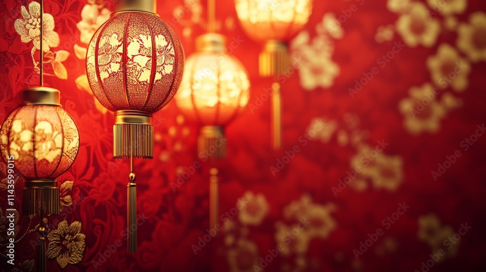 3D rendering of a red background with golden Chinese lanterns 3D rendering of a red background with golden Chinese lanterns