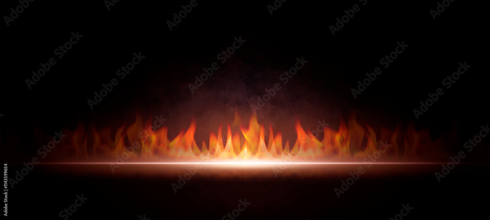 Fire flames dark scene background, and smoke float up the floor for display products Fire flames dark scene background, and smoke float up the floor for display products