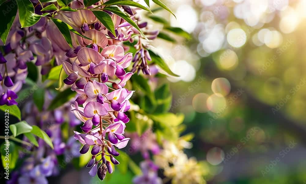 Purple flowers and green leaves with sunlight in background Purple flowers and green leaves with sunlight in background