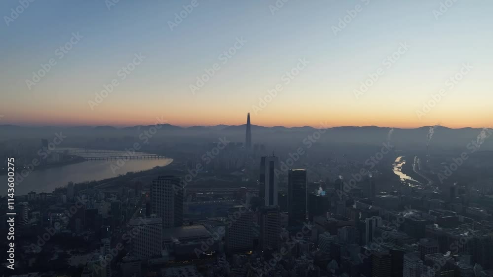 Aerial View of Seoul city in Sunrise of South Korea, Gangnam financial district, Winter Aerial View of Seoul city in Sunrise of South Korea, Gangnam financial district, Winter