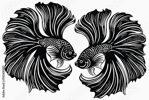 linocut-style vector illustration of two betta fish facing