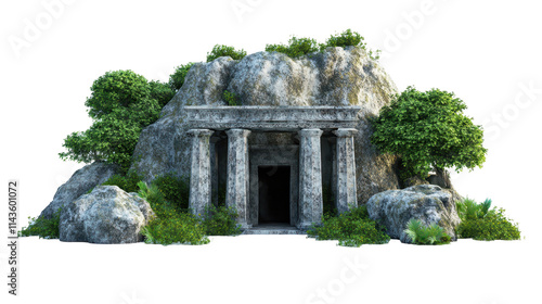 Ancient stone temple surrounded by lush greenery. transparent background photo