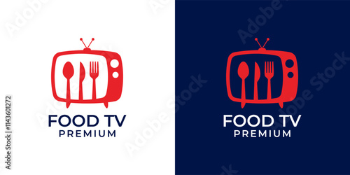 Food TV logo design. Restaurant TV logo template. Culinary video channel logo. Vector logo template of food, restaurant, cooking, culinary, video, television, TV, eat, spoon, fork, knife.