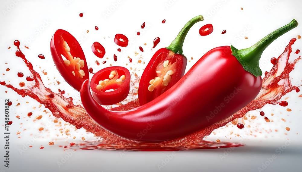 Fresh Red chili a few slices and a splash of Fresh Red chili juice form a dynamic image against a white background Fresh Red chili a few slices and a splash of Fresh Red chili juice form a dynamic image against a white background