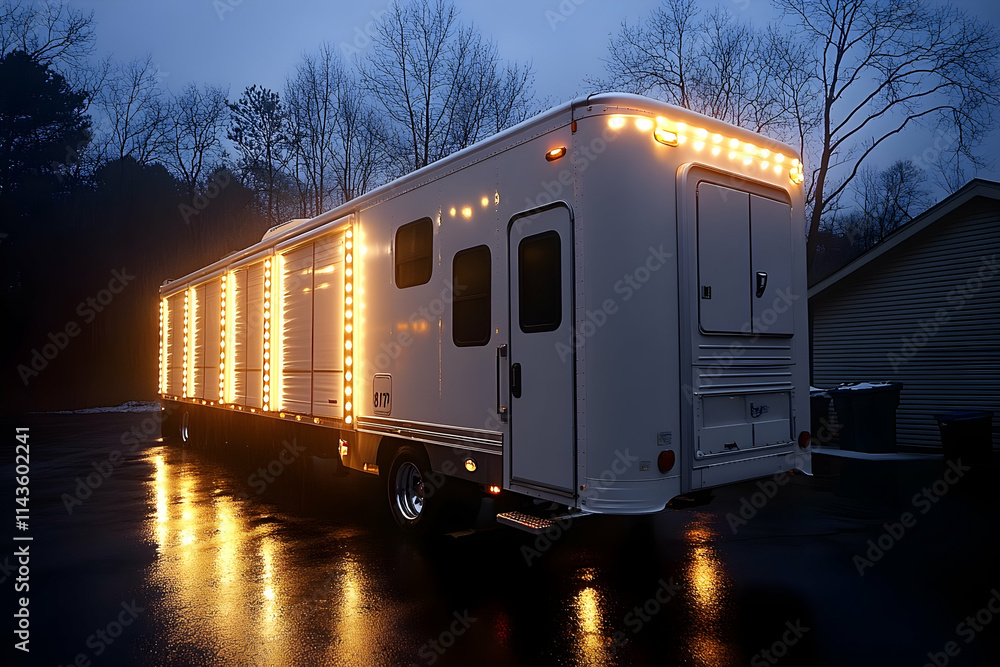 Illuminated RV parked at night, reflecting in wet pavement. Illuminated RV parked at night, reflecting in wet pavement.