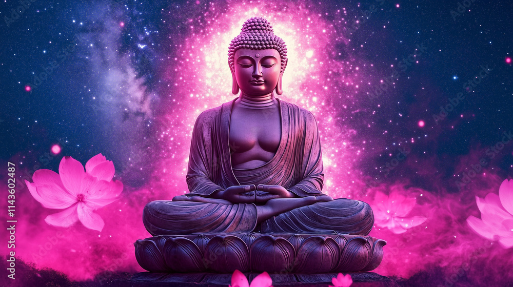 Buddha sits in lotus position, radiating tranquility and wisdom. The setting features glowing flowers and a starry night, enhancing the serene atmosphere of meditation Buddha sits in lotus position, radiating tranquility and wisdom. The setting features glowing flowers and a starry night, enhancing the serene atmosphere of meditation