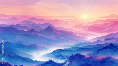 Breathtaking panoramic view of a misty mountain landscape at sunset with rugged peaks silhouetted against a vibrantly colorful sky This serene and scene evokes a sense of tranquility adventure