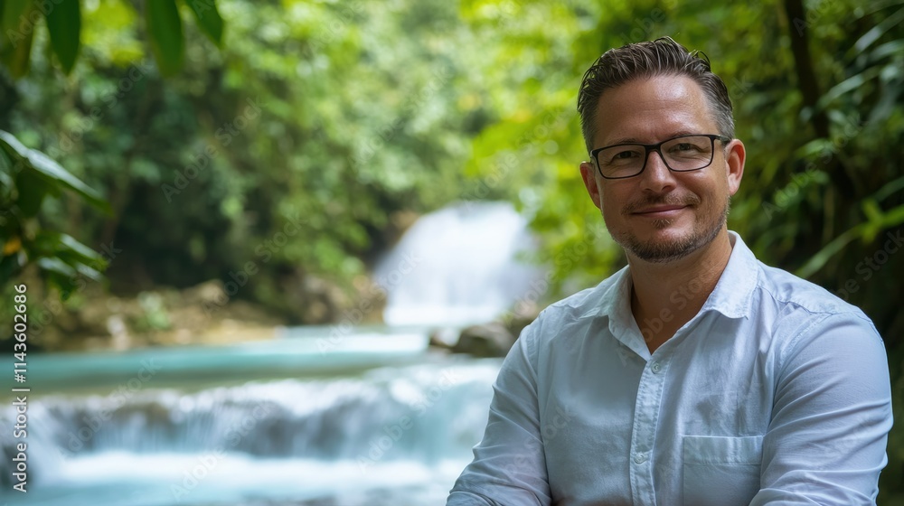 A man poses by a serene waterfall surrounded by lush greenery.