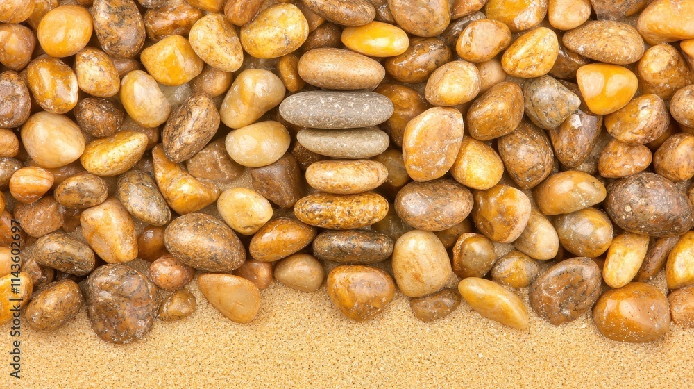Smooth Pebbles on a Sandy Surface in Earthy Tones and Textures Smooth Pebbles on a Sandy Surface in Earthy Tones and Textures