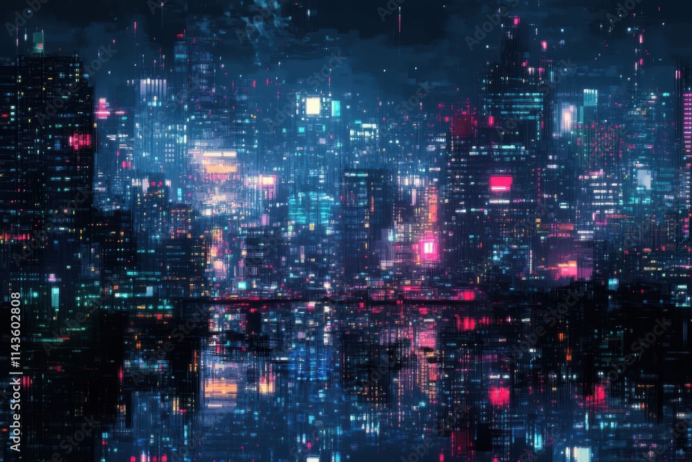 Neon-lit Cityscape with Pixelated Buildings and Glowing Windows Neon-lit Cityscape with Pixelated Buildings and Glowing Windows