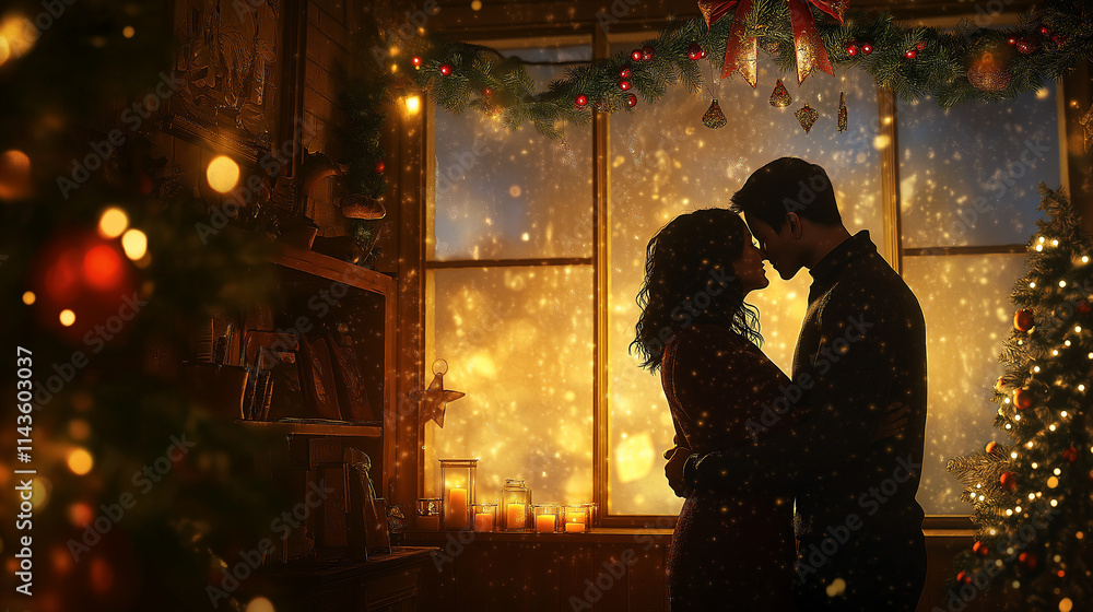 In a warm, inviting room adorned with festive decorations, a couple leans in for a kiss. Outside, soft snowflakes fall as they embrace the magical atmosphere of Christmas