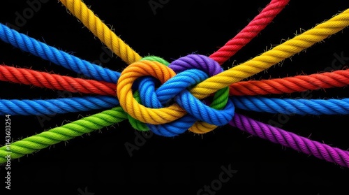 Rainbow Colored Ropes Intertwined in a Complex Knot Against a Black Background, Symbolizing Unity and Interconnection