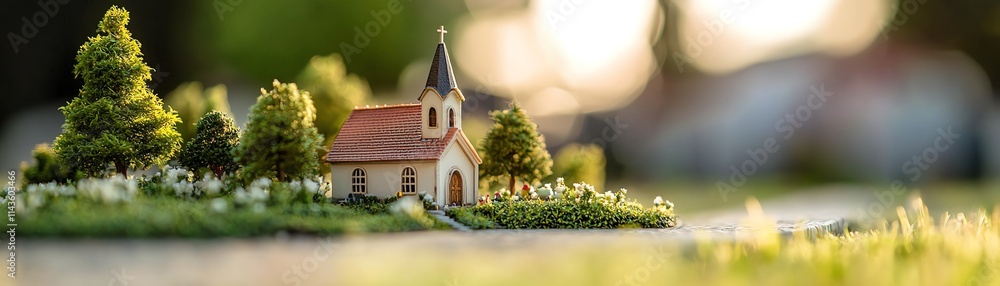 A charming miniature church surrounded by lush greenery and small trees, creating a picturesque scene on a soft grassy surface under warm sunlight. A charming miniature church surrounded by lush greenery and small trees, creating a picturesque scene on a soft grassy surface under warm sunlight.