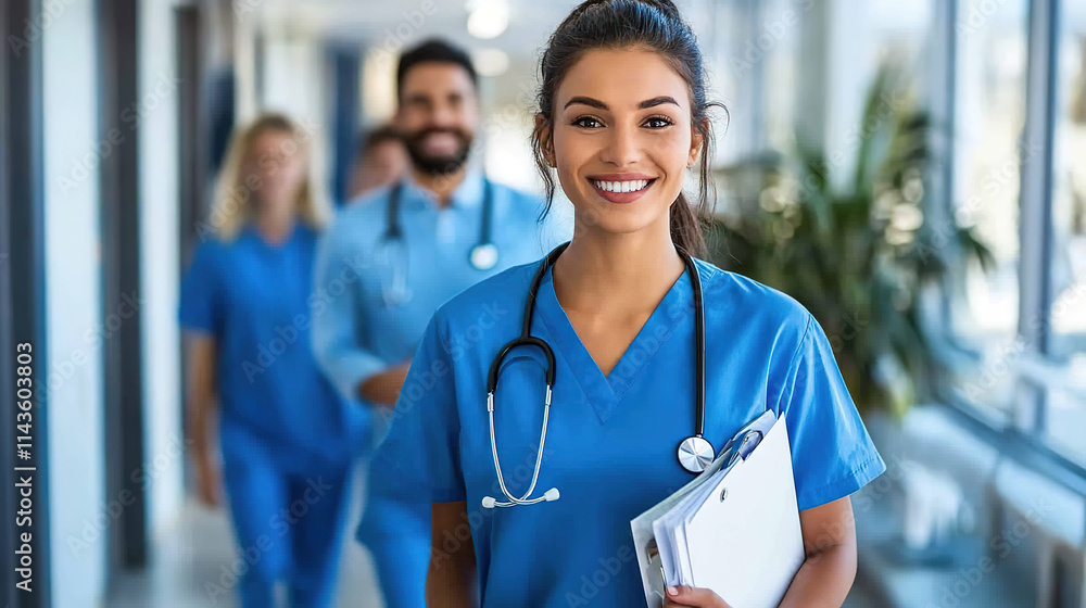 Medical staff in white coats and scrubs rushing through a hospital corridor, symbolizing urgency and dedication in healthcare, teamwork and patient care. Medical staff in white coats and scrubs rushing through a hospital corridor, symbolizing urgency and dedication in healthcare, teamwork and patient care.