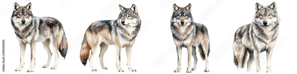 Obraz premium A majestic pack of alpine wolves prowling through the snowy mountain wilderness their powerful frames and alert expressions conveying the raw untamed spirit of nature
